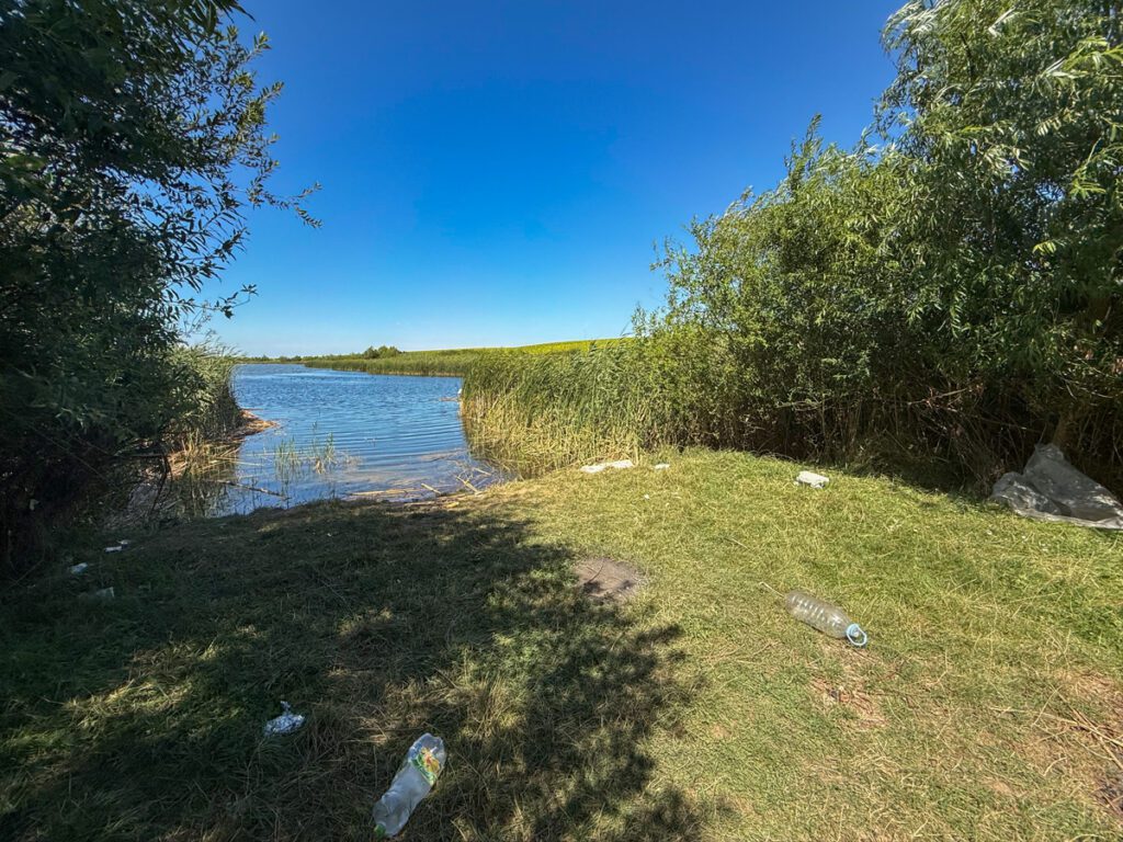 Idyllisches Ufer am Acumularea-Crestur-See in Rumänien, leider mit Plastikmüll im Gras