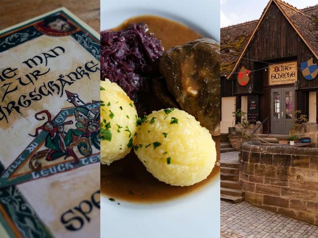 Collage aus Speisekarte, Thüringer Klößen, Rinderroulade mit Rotkraut und Blick auf die Burgschänke