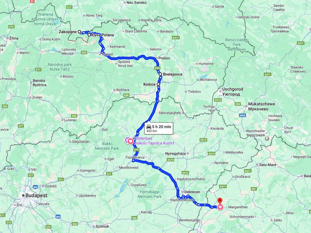 Google Maps Route von Zakopane bis Acumularea Crestu Stausee über Slowakei und Ungarn