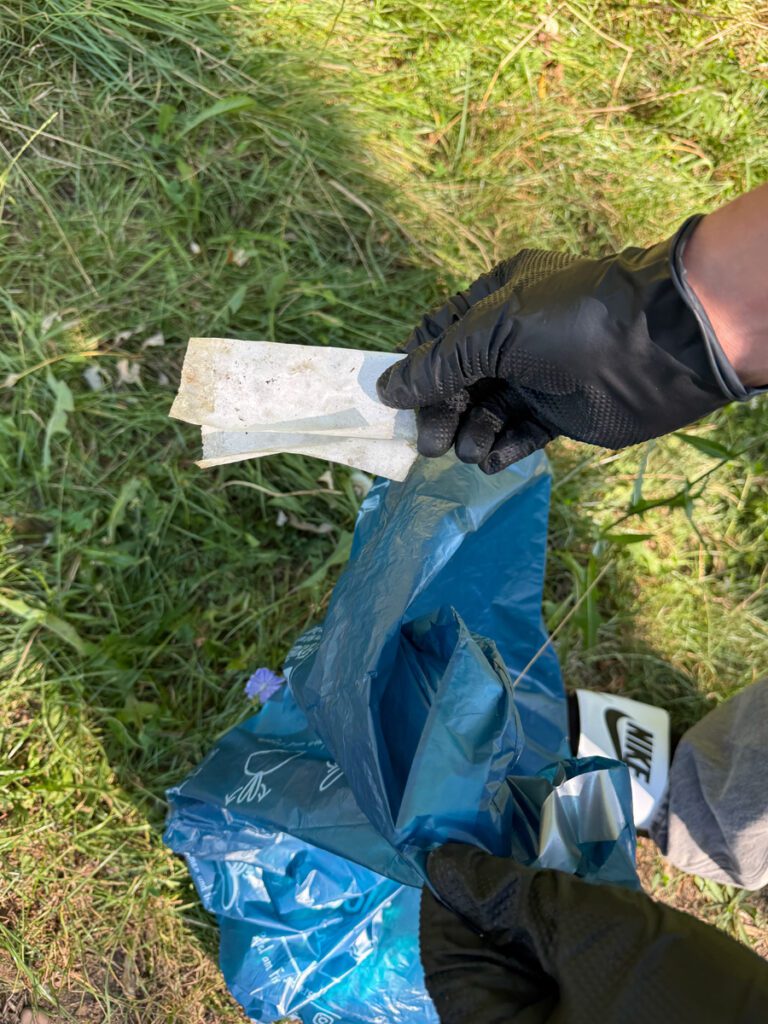 Nahaufnahme: Müllsammeln am Acumularea-Crestur-See in Rumänien, Handschuhe und Plastiktüte.