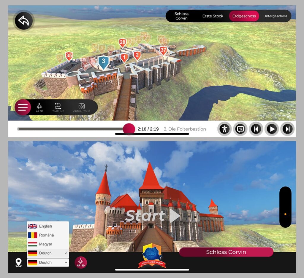 Digitale Burg-App von Schloss Corvin mit 3D-Rundgang und Karte