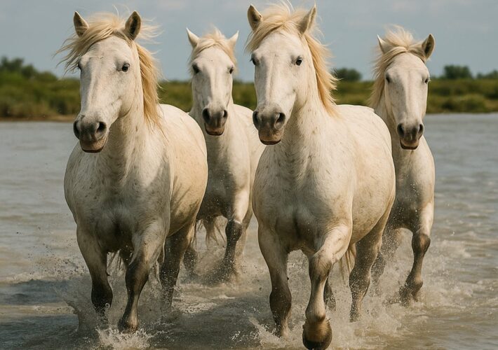 Vier weiße Camargue-Pferde laufen durch flaches Wasser in Südfrankreich