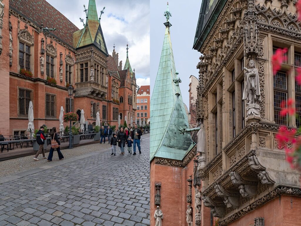 Kombination aus Detail- und Seitenansicht des gotischen Rathauses von Breslau mit Figuren und roten Fassaden