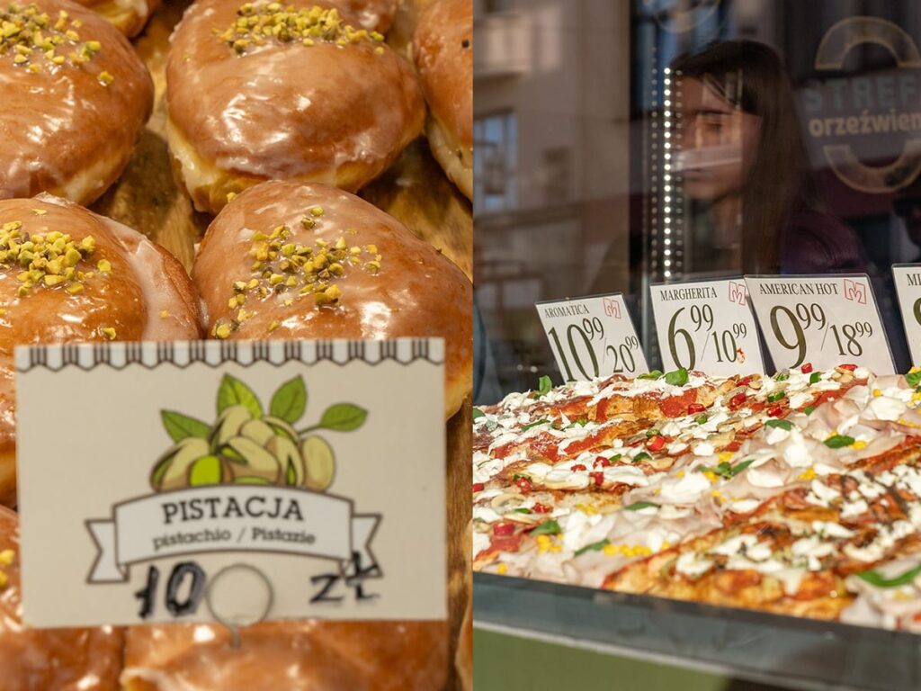Streetfood in Breslaus Altstadt: Pizza im Schaufenster und glasierte Pfannkuchen mit Pistazien