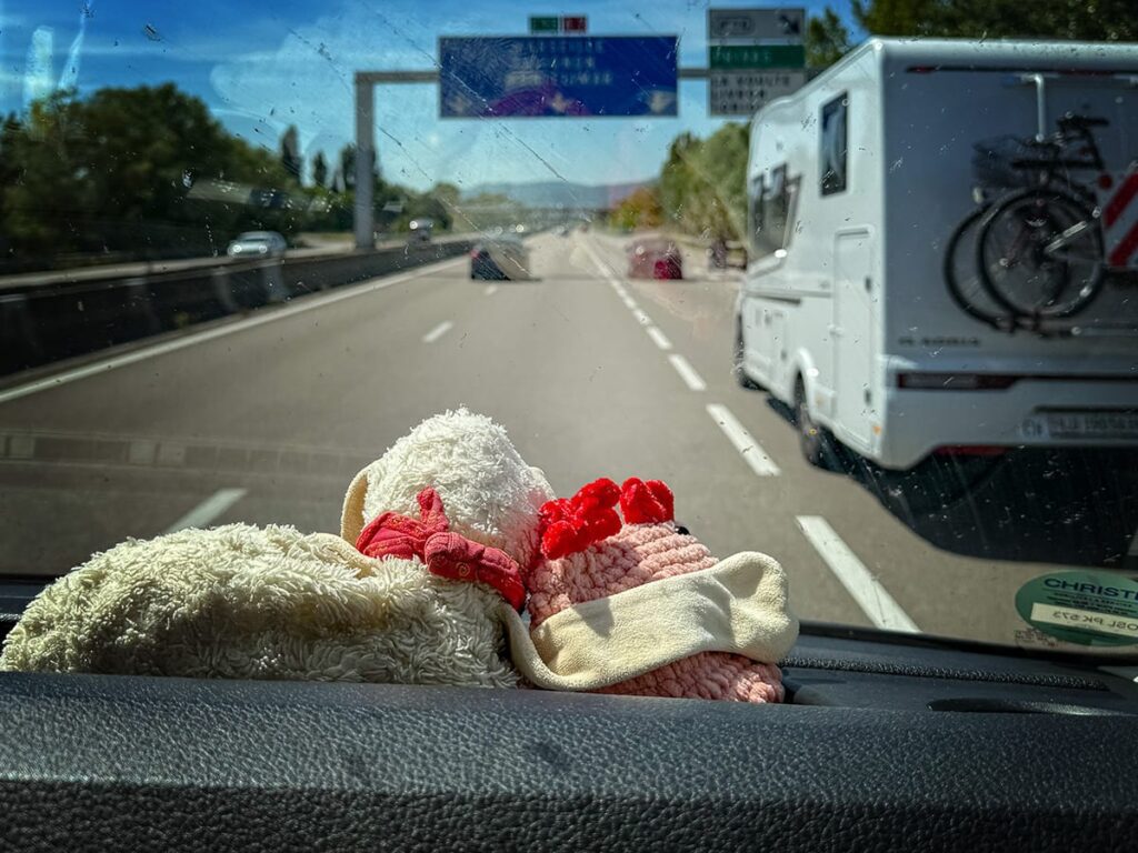 Stofftiere Siggi und das Huhn kuscheln auf dem Armaturenbrett während der Fahrt nach Perpignan.