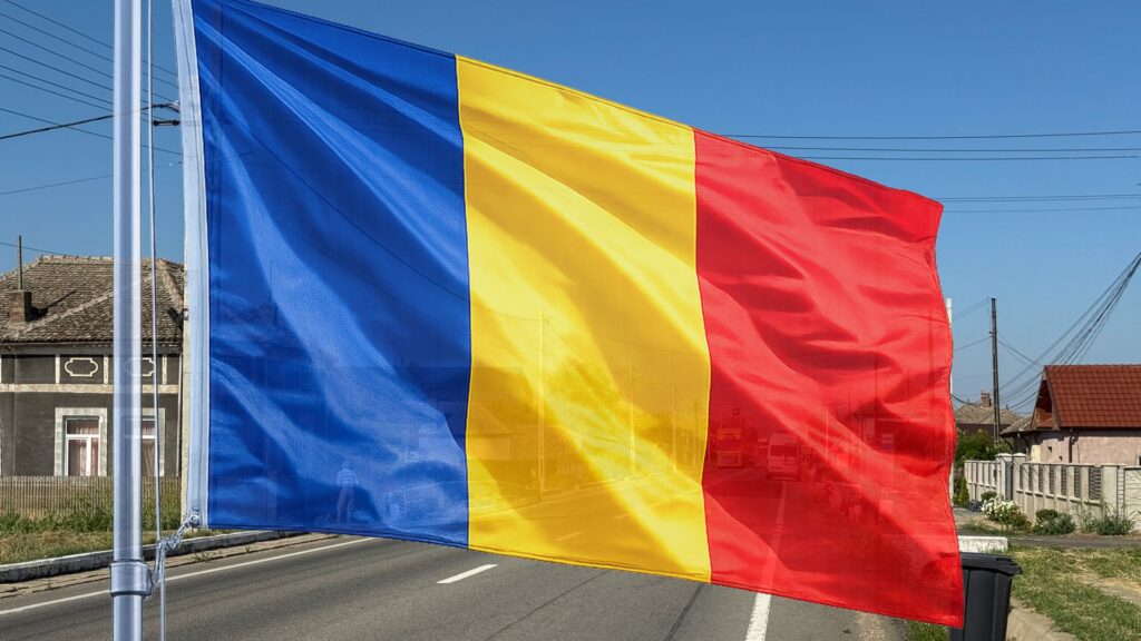 Straße in Rumänien mit rumänischer Flagge