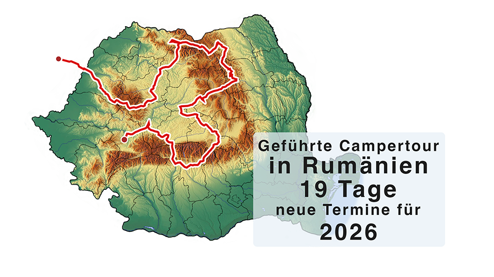 Karte von Rumänien mit eingezeichneter Route einer 19-tägigen geführten Wohnmobiltour durch Karpaten, Bukowina, Maramureș und Siebenbürgen für 2026