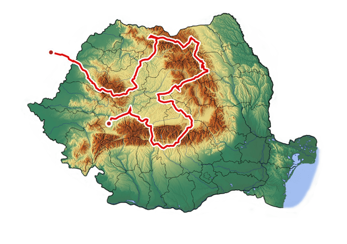 Karte von Rumänien mit markierter Route einer geführten 19-tägigen Campertour durch Bukowina, Maramureș, Siebenbürgen und die Karpaten
