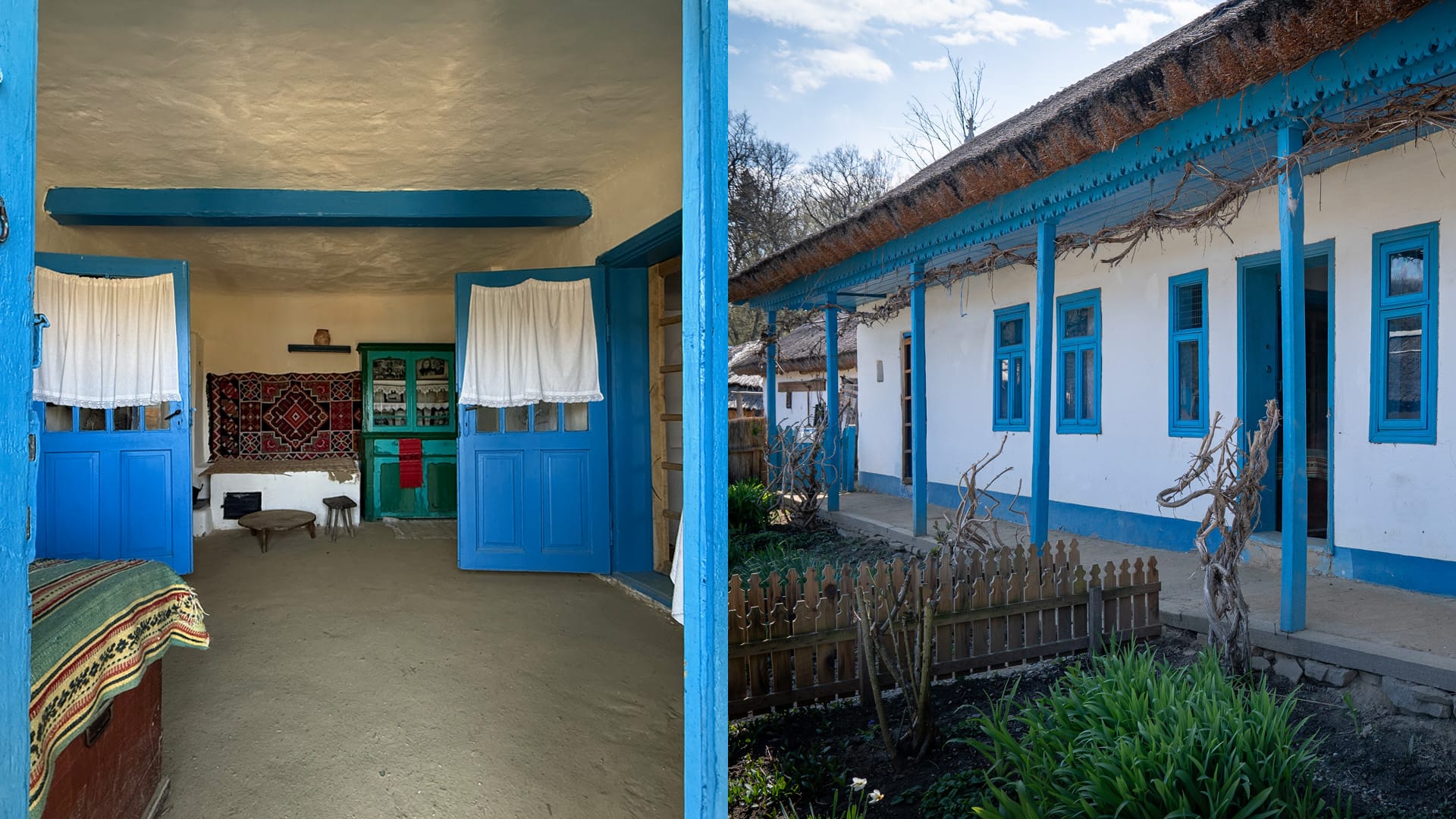 Innenraum und Veranda eines traditionellen Hauses im ASTRA Museum in Sibiu mit blauen Türen und Reetdach