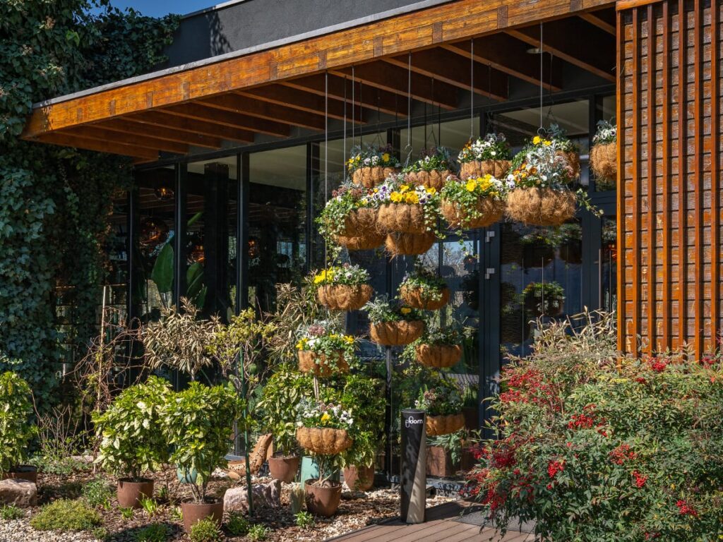 eingang botanic by armonia oradea mit pflanzen und moderner architektur