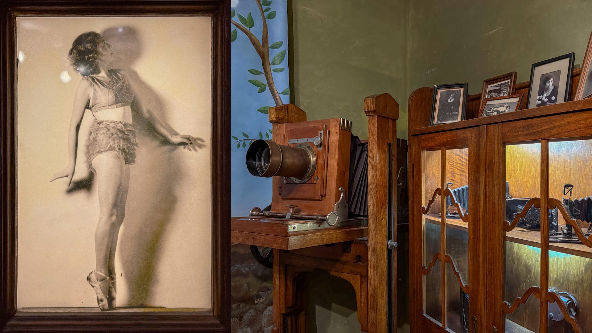 Collage aus historischem Foto einer Tänzerin und altem Fotoapparat im Fotoatelier