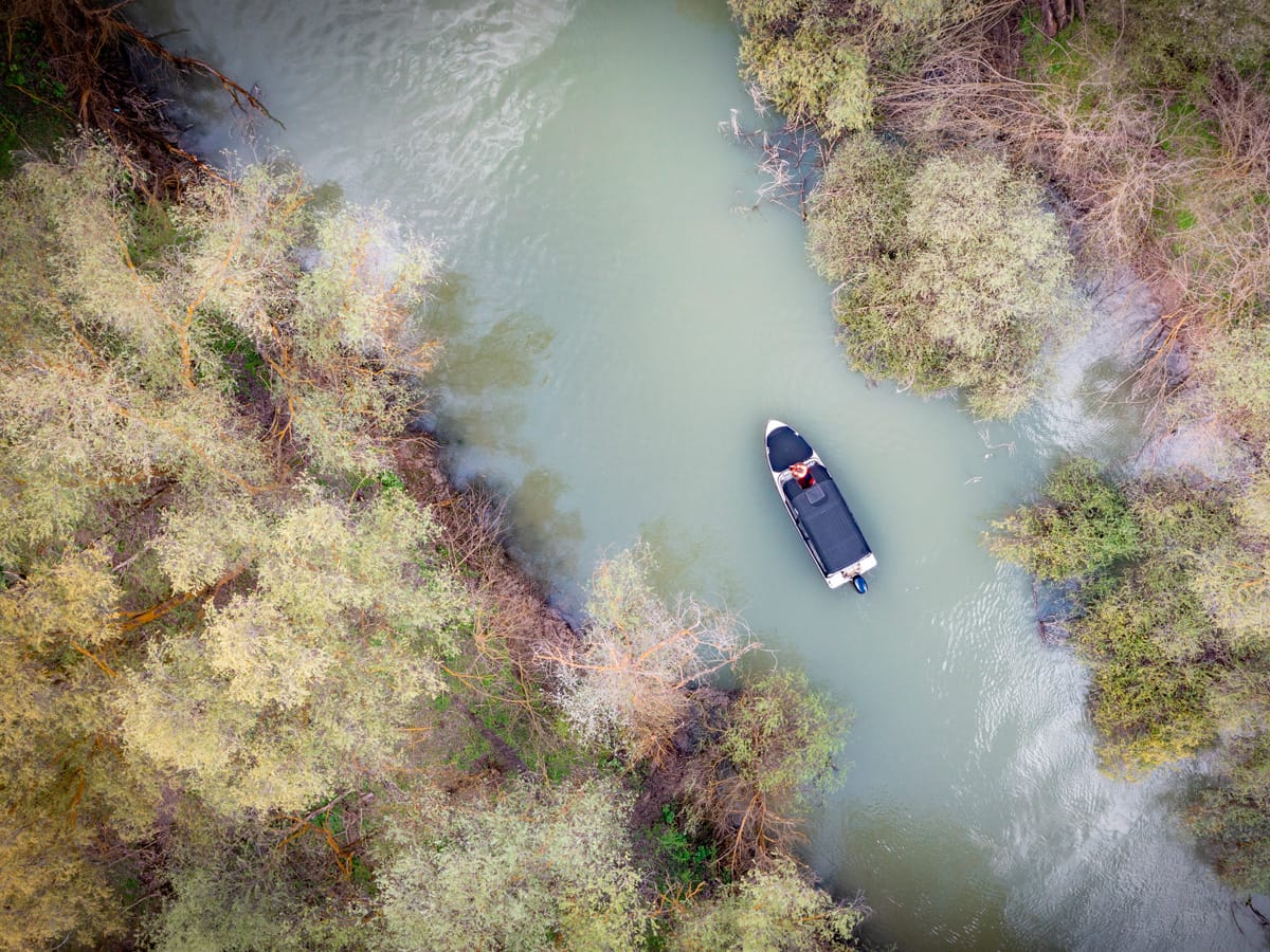 Boot in einem Seitenarm des Donaudeltas aus der Luft zwischen Bäumen und Schilf