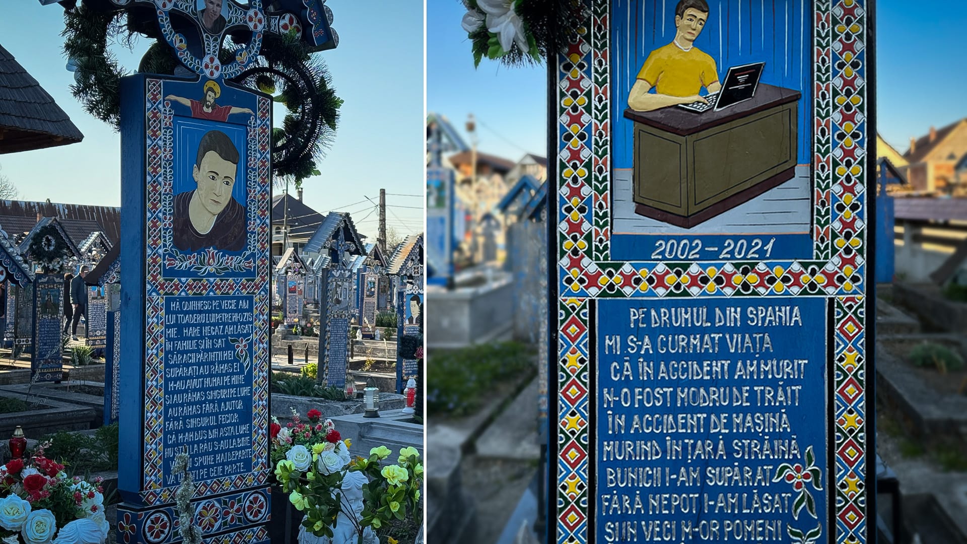 Vorder- und Rückseite eines bemalten Holzkreuzes auf dem fröhlichen Friedhof in Săpânța
