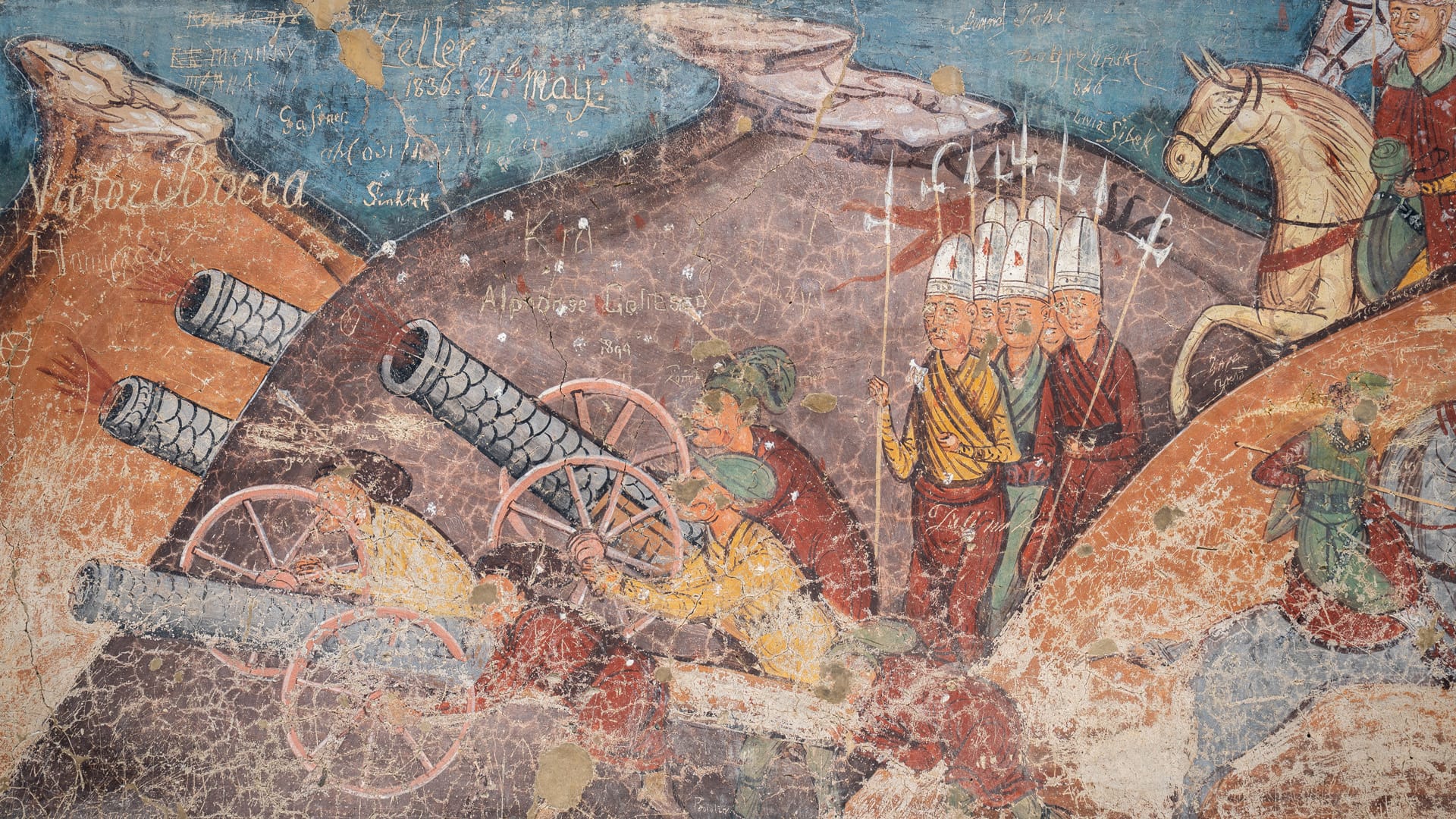 Fresko der Belagerung von Konstantinopel mit Kanonen im Kloster Moldovița
