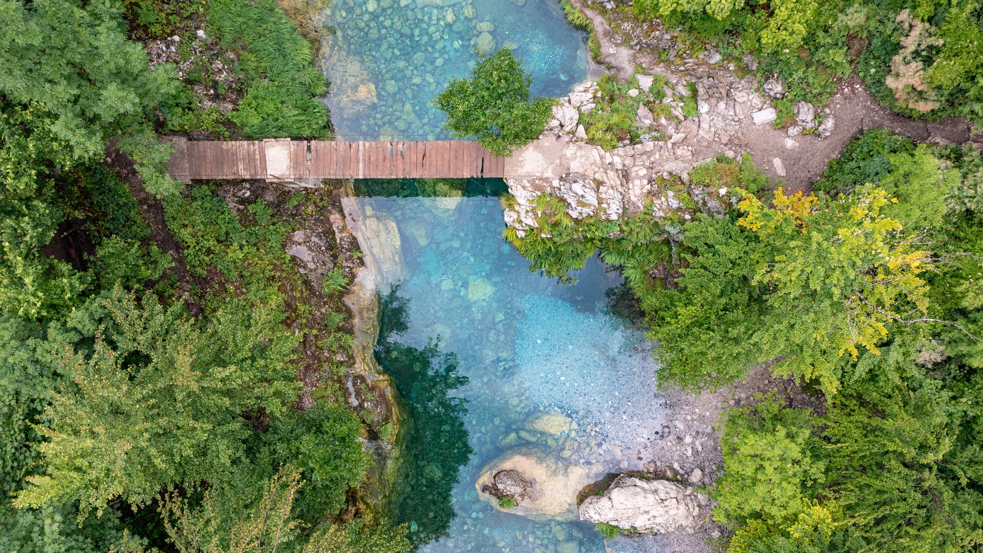 Holzbrücke über den türkisfarbenen Fluss am Blue Eye bei Theth in den Albanischen Alpen aus der Drohnenperspektive