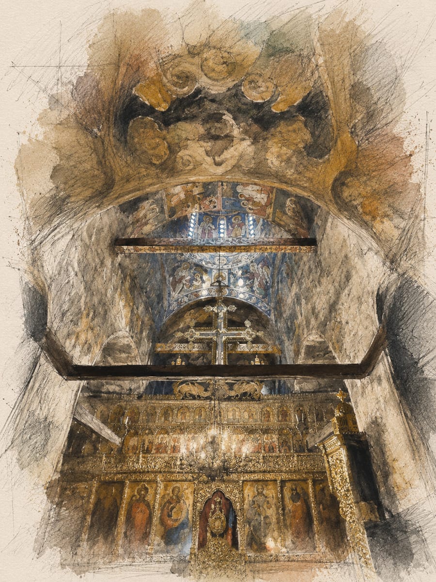 Illustration des Innenraums der Klosterkirche Sveti Naum am Ohridsee.