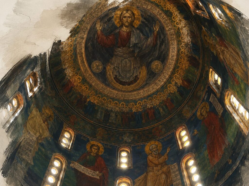 Illustration der Kuppelfresken in der Klosterkirche Sveti Naum am Ohridsee.