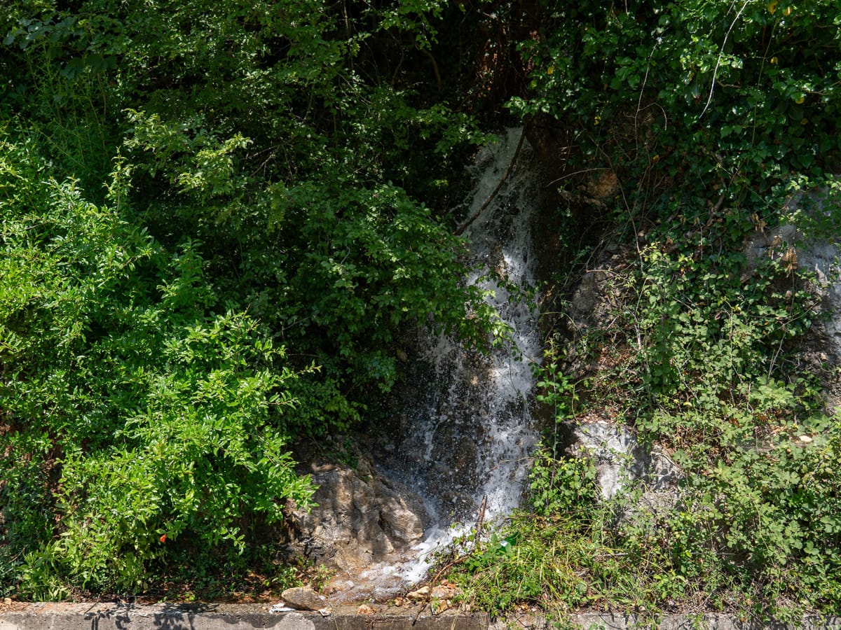 Quellaustritt mit klarem Wasser an einem bewachsenen Kalksteinhang im Kir-Tal bei Prekal in Nordalbanien.