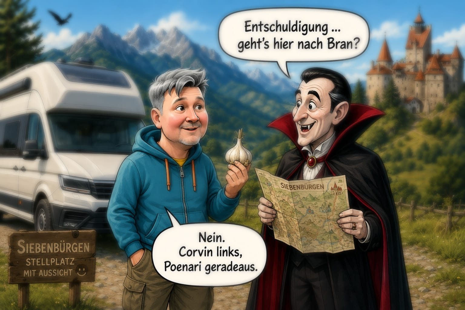 Humorvolle Comic-Illustration: Camper mit Knoblauch trifft Dracula auf einem Stellplatz in Siebenbürgen.