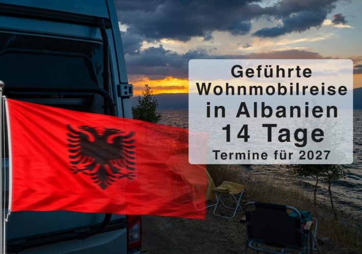 Geführte 14-tägige Wohnmobilreise durch Albanien mit Camper vor Sonnenuntergang am Ohridsee – Termine für 2027.