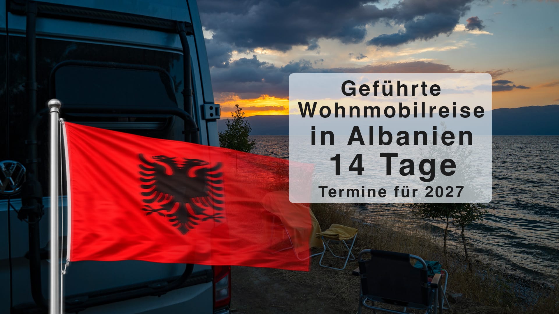 Geführte 14-tägige Wohnmobilreise durch Albanien mit Camper vor Sonnenuntergang am Ohridsee – Termine für 2027.