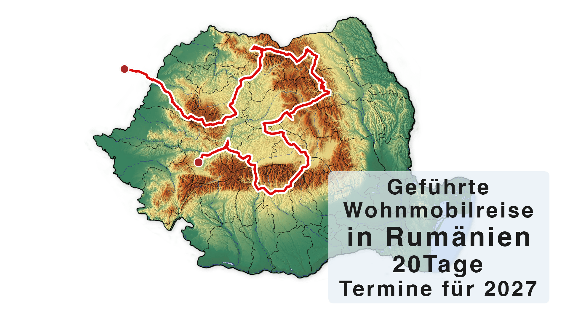 Karte der geführten Wohnmobilreise durch Rumänien mit Reiseroute durch die Karpaten und Terminen für 2027.