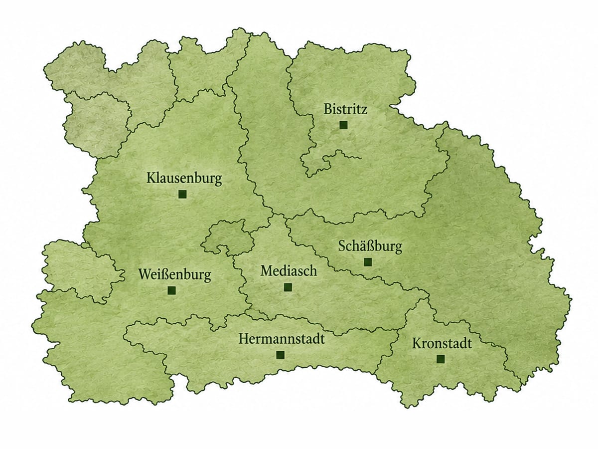 Vereinfachte Karte von Siebenbürgen mit den historischen Städten Hermannstadt, Kronstadt, Schäßburg, Klausenburg, Bistritz, Mediasch und Weißenburg.