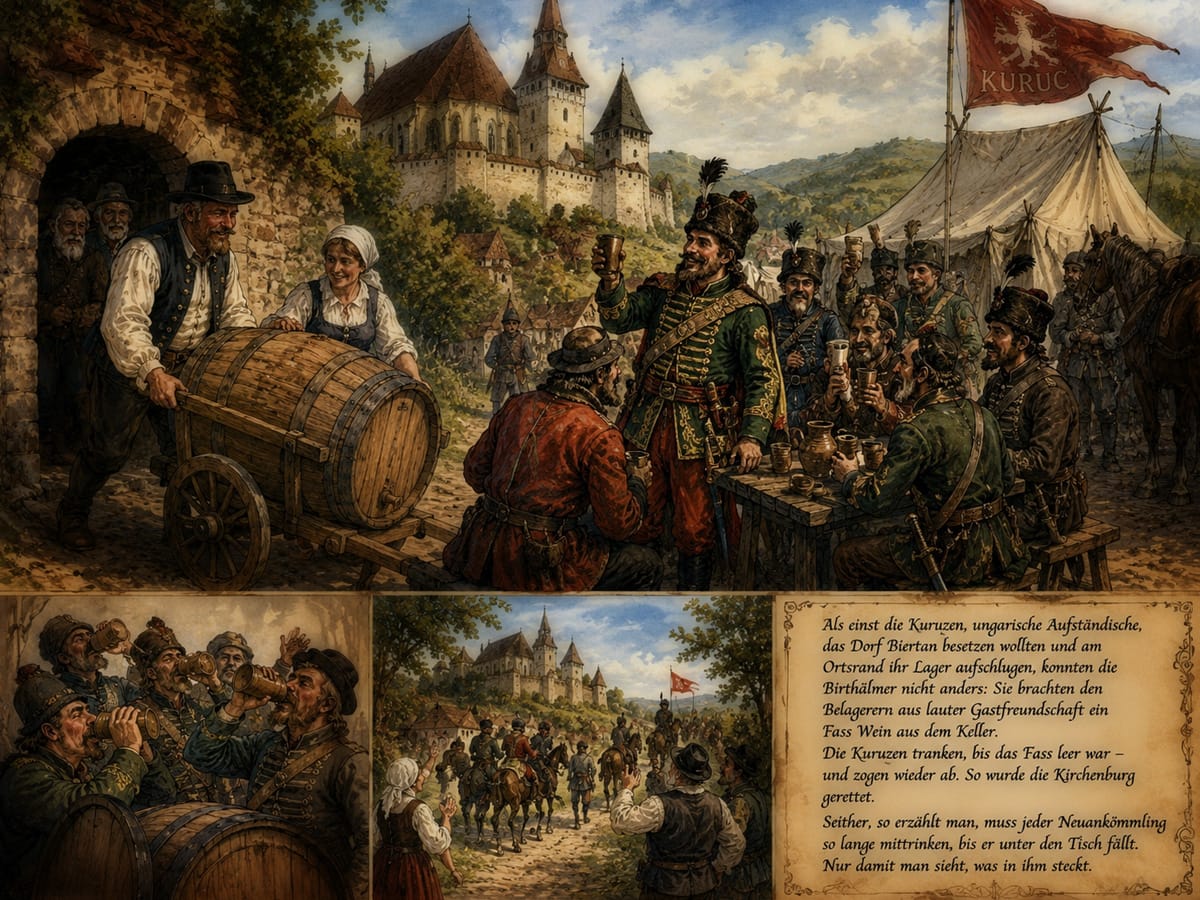 Illustration der Biertaner Legende: Bewohner bringen den Kuruzen ein Fass Wein und retten so der Überlieferung nach die Kirchenburg.