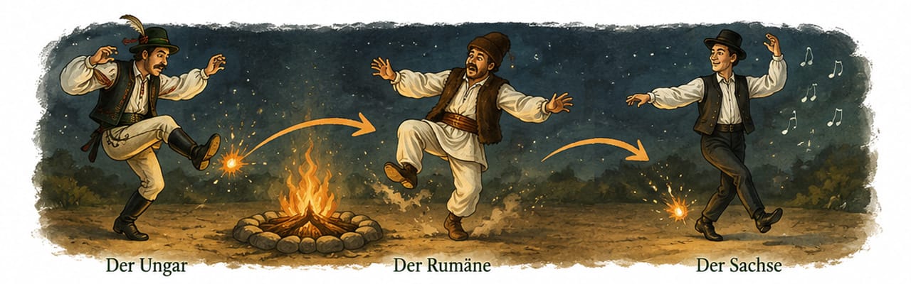 Illustration einer Siebenbürger Legende: Ein Ungar, ein Rumäne und ein Sachse reagieren unterschiedlich auf einen Funken, der am Lagerfeuer auf ihre Schuhe springt.