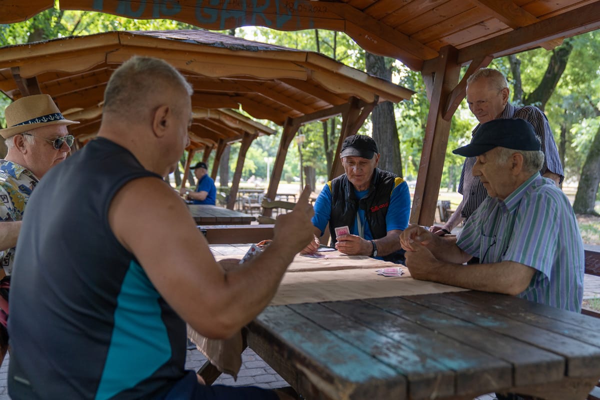 Ältere Männer beim Kartenspielen im Parcul Central in Timișoara