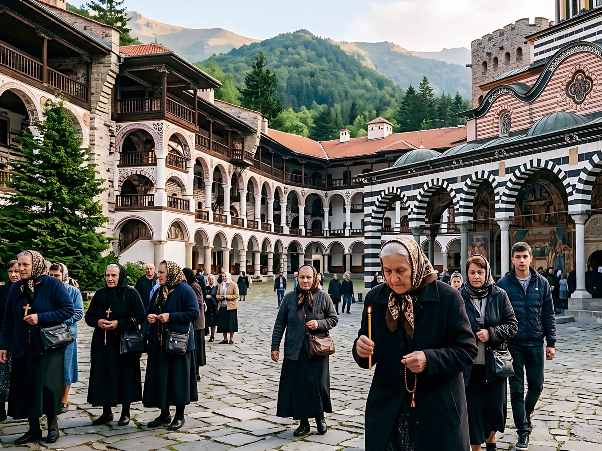 Menschen im Innenhof des Rila-Klosters, eine Frau mit brennender Kerze im Vordergrund, dahinter gestreifte Kirchenbögen und Bergwald.