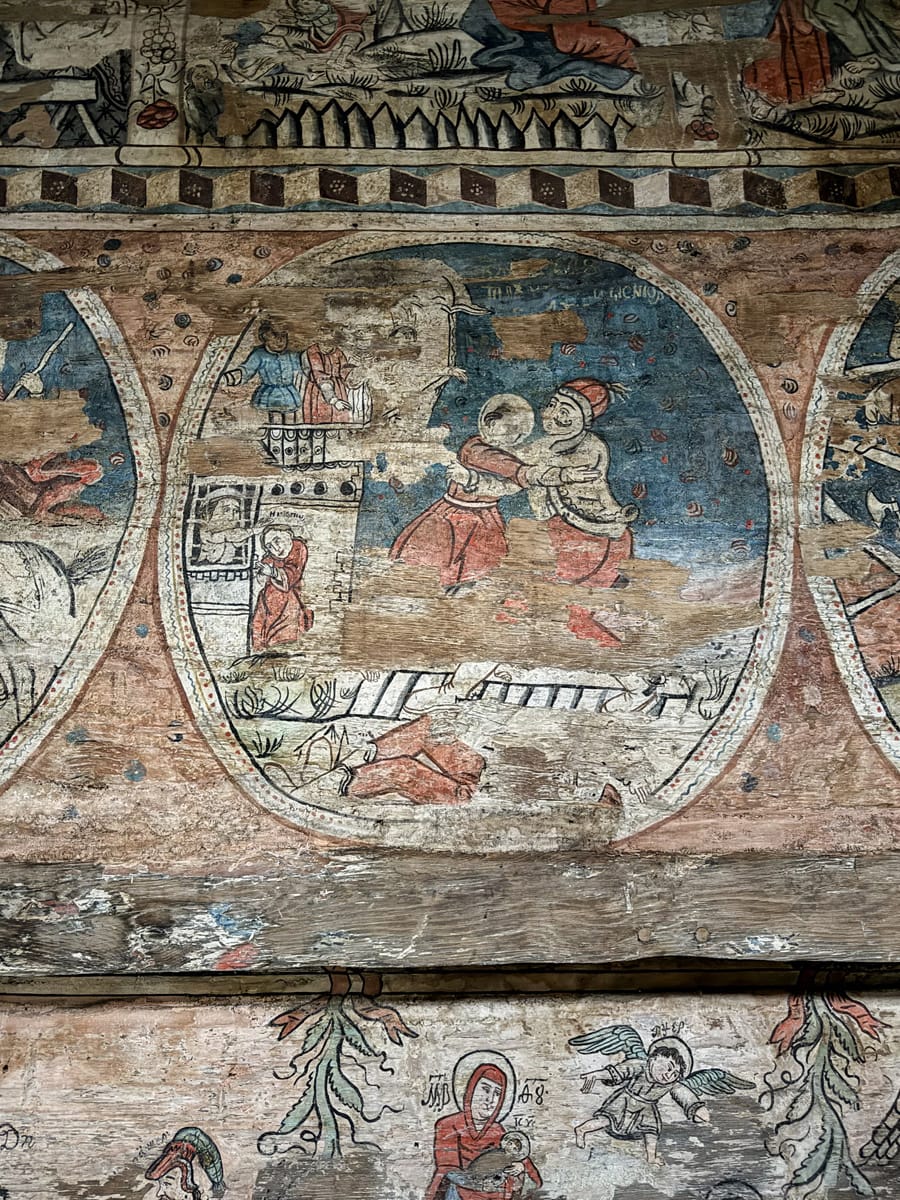 Historisches Bildfeld der Wandmalerei in der Holzkirche Mariä Tempelgang in Bârsana