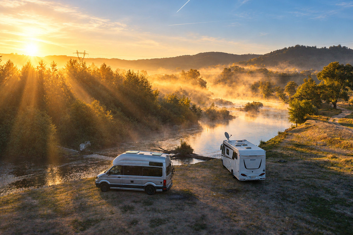 Zwei Wohnmobile stehen bei Sonnenaufgang am Fluss Strei nahe Hunedoara in Rumänien. Nebelschwaden ziehen über das Wasser und die umliegende Landschaft.